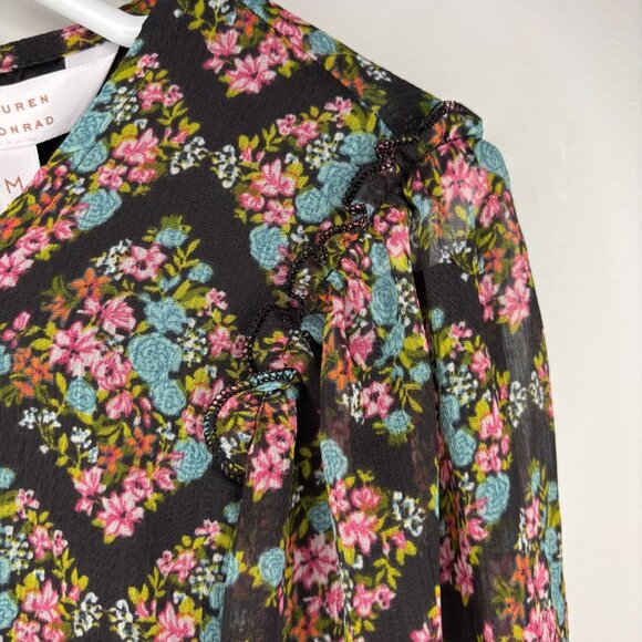 LAUREN CONRAD NEW Peasant Top Womens M Black Pink Blue Floral Keyhole Sheer - Picture 4 of 9